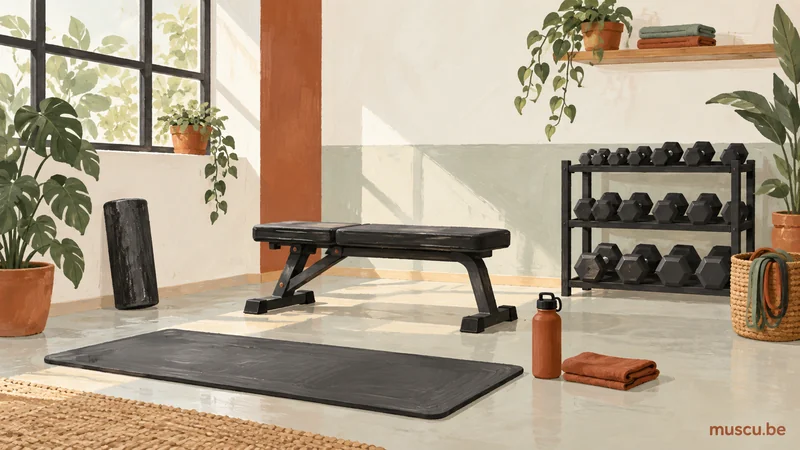 Illustration d’une salle avec banc, haltères rangés, bandes élastiques et tapis.