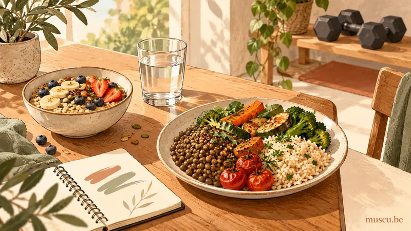 Bol de céréales aux fruits, assiette de légumes et légumineuses, carnet et haltères.