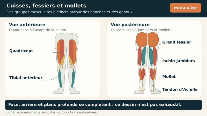 Muscles des jambes de face et de dos, du quadriceps au tendon d’Achille.